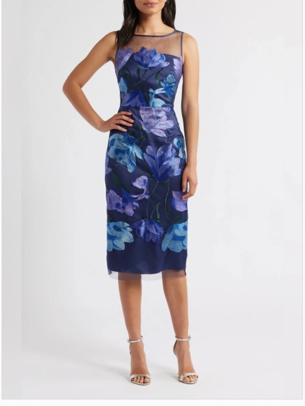 Eliza J. Navy Blue Floral Embroidered Mesh Cocktail Pencil Dress New 6